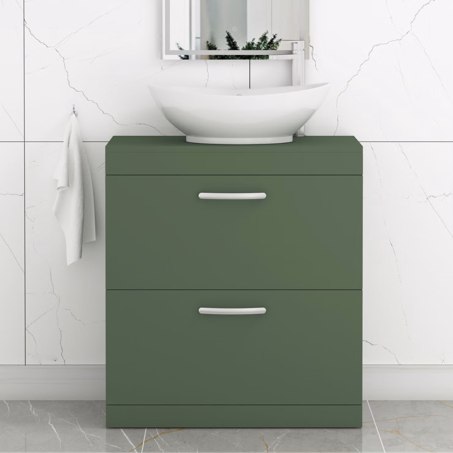 Royal Bathrooms Turin 500mm Floor Standing 2 Drawer Vanity Unit in Matte Green with Countertop Basin and Matt Black Handles