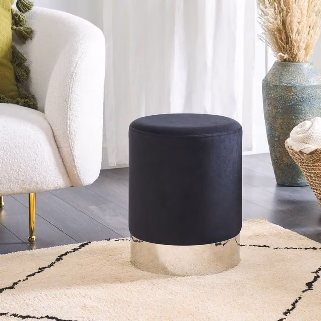 Wyld and Coco Black Velvet Cylindrical Pouffe with Silver Metallic Band