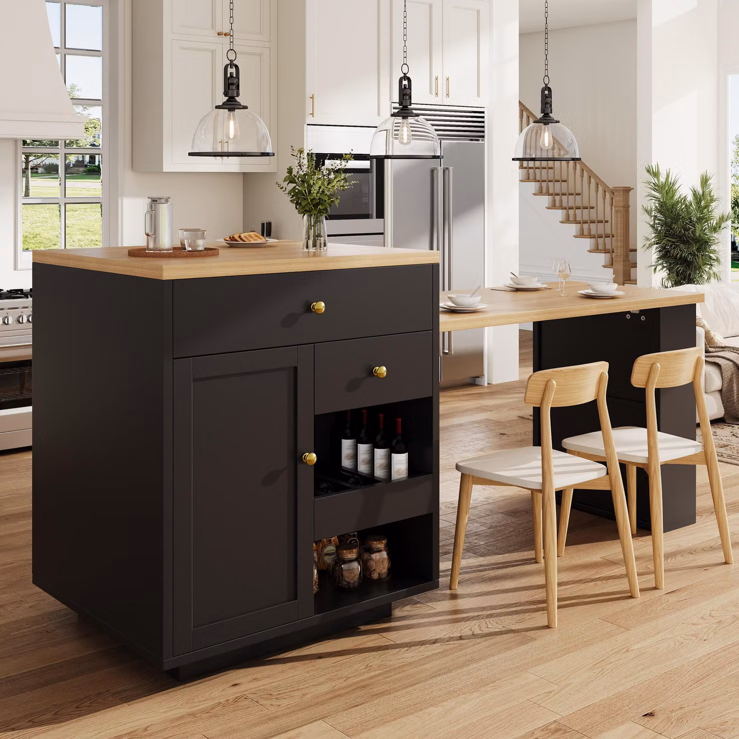 Aosom UK Extendable Kitchen Island with MDF Top and Built-In Wine Rack, Black, W: 195.5 cm, D: 70 cm, H: 94 cm – 6