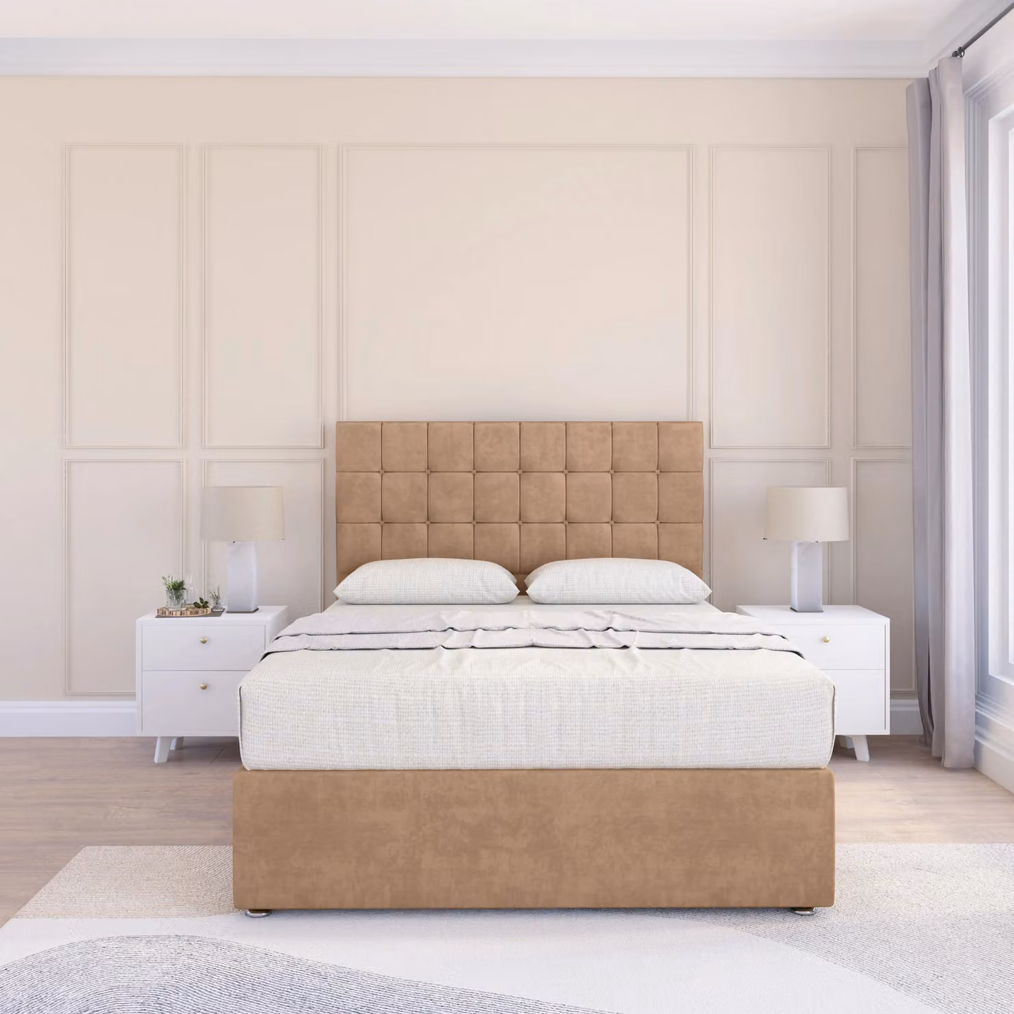 Sloomy Alabama Divan Bed Base and 26 inch Struts Headboard, Beige Microfibre Fabric, W/D/H: 90 x 200 cm