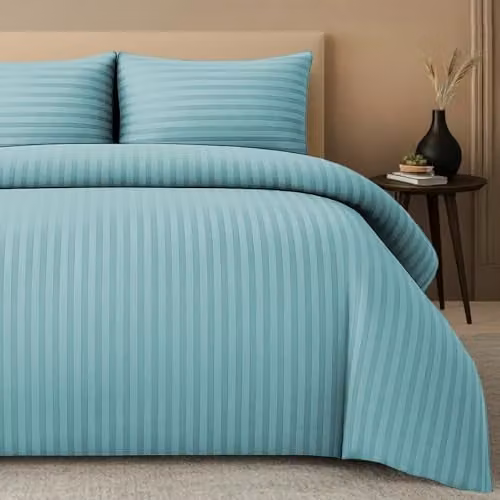 Pamposh Satin Stripe Microfibre Duvet Cover and Pillowcase Set in Blue, Green or Turquoise, W/D/H: 200 x 200 cm and 50 x 75 cm