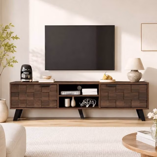 Merax Mid-Century TV Stand with Textured Checkerboard Doors in Natural, W: 160.5 cm, D: 45 cm, H: 45 cm