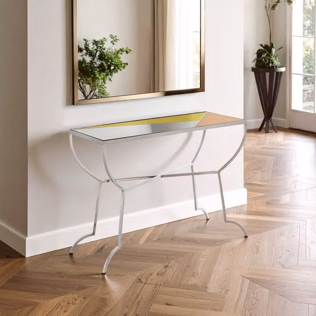 Orsina Elegant Geometric Mirrored Console Table with Glass and Metal X-Frame Design, W/D/H: 102 x 41 x 76 cm – 1