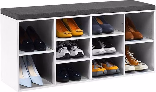 COSTWAY 10-Cube Storage Cabinet Shoe Bench with Padded Fabric Cushion in White