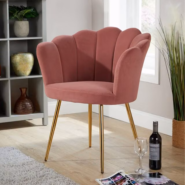Home Source Pink Shell Accent Armchair with Velvet and Bouclé Fabric and Metal Legs