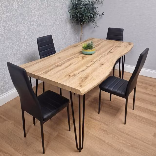 Kosy Koala Arizona Black Rustic Wood and Metal Rectangular Dining Table and 4 Chairs Set, Width: 140 cm