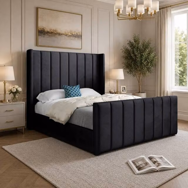 Casani Sherburn Straight Winged Designer Bed Frame in Black Soft Velvet, Size: Single, W/D/H: 90 x 190 cm – 1