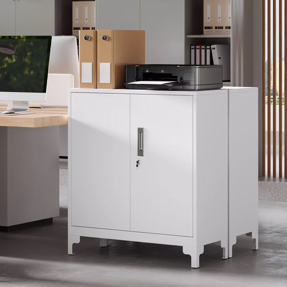 STILVORA Lockable Metal Filing Cabinet with 2 Shelves and Hinged Doors, White – 5