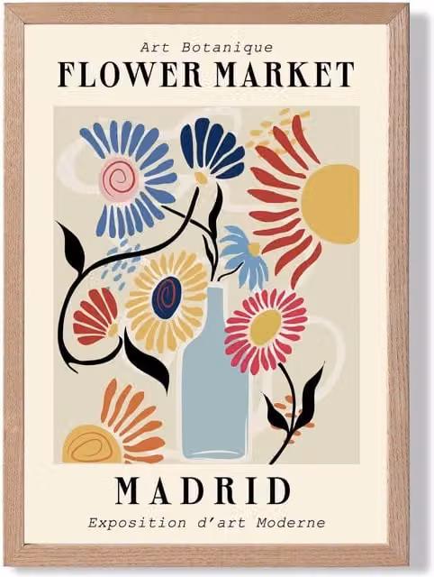 ARTZE Madrid Blue and Pink Flower Market Exhibition Framed Print with Oak Frame, A3 Size
