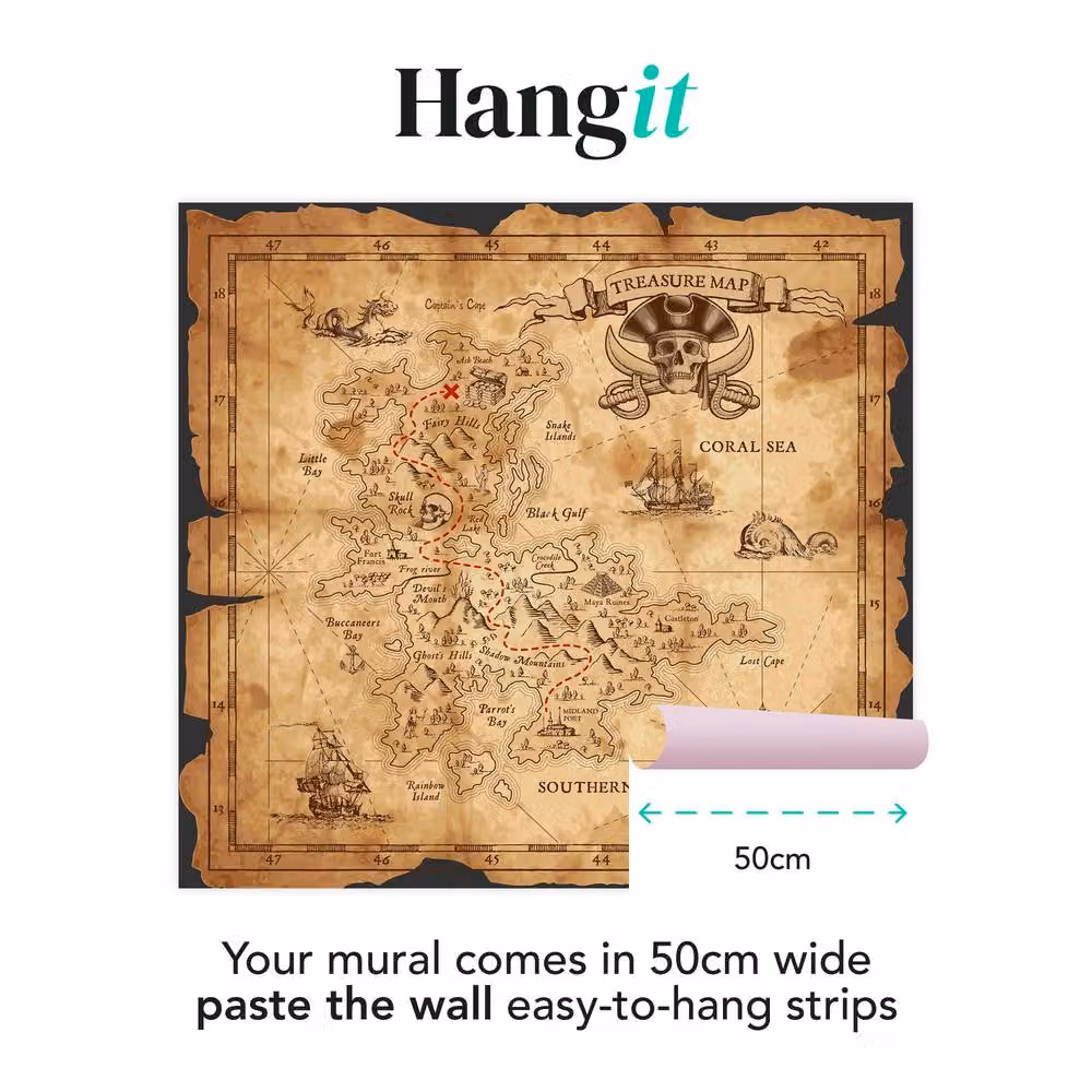 Superfresco Easy Treasure Map Natural Print Mural in Beige, W: 300 cm, H: 280 cm – 2