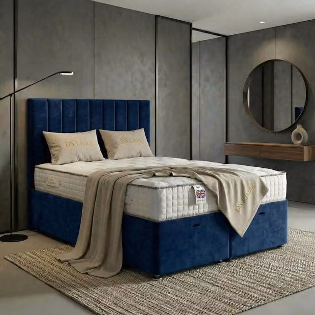 DS Living Aether Modern Upholstered Velvet Divan Bed in Blue, W: 180 cm, D: 200 cm