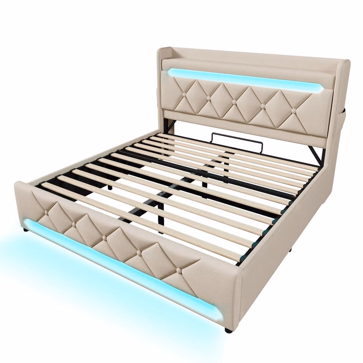 Aosom UK Beige Upholstered Hydraulic Storage Bed with Integrated LED Lighting, USB Ports and Metal Slatted Frame, H x W x D: 111 x 156 x 225 cm – 2