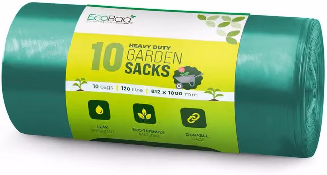 ECOBAG 10 Pack Heavy Duty Recyclable Garden Sacks, 120L, Black