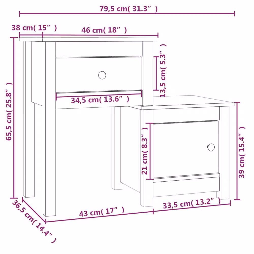 Berkfield Home Beautiful Bedside Cabinet, 2 Piece Set, Black, Solid Pine Wood, W: 79.5 cm, D: 38 cm, H: 65.5 cm – 5