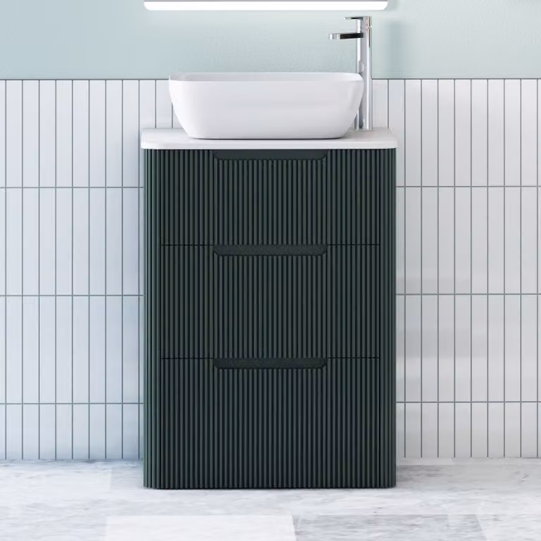 Royal Bathrooms Avenza Floor Standing 3 Drawer Vanity Unit with Elva Basin, Moss Green and Plain White Worktop