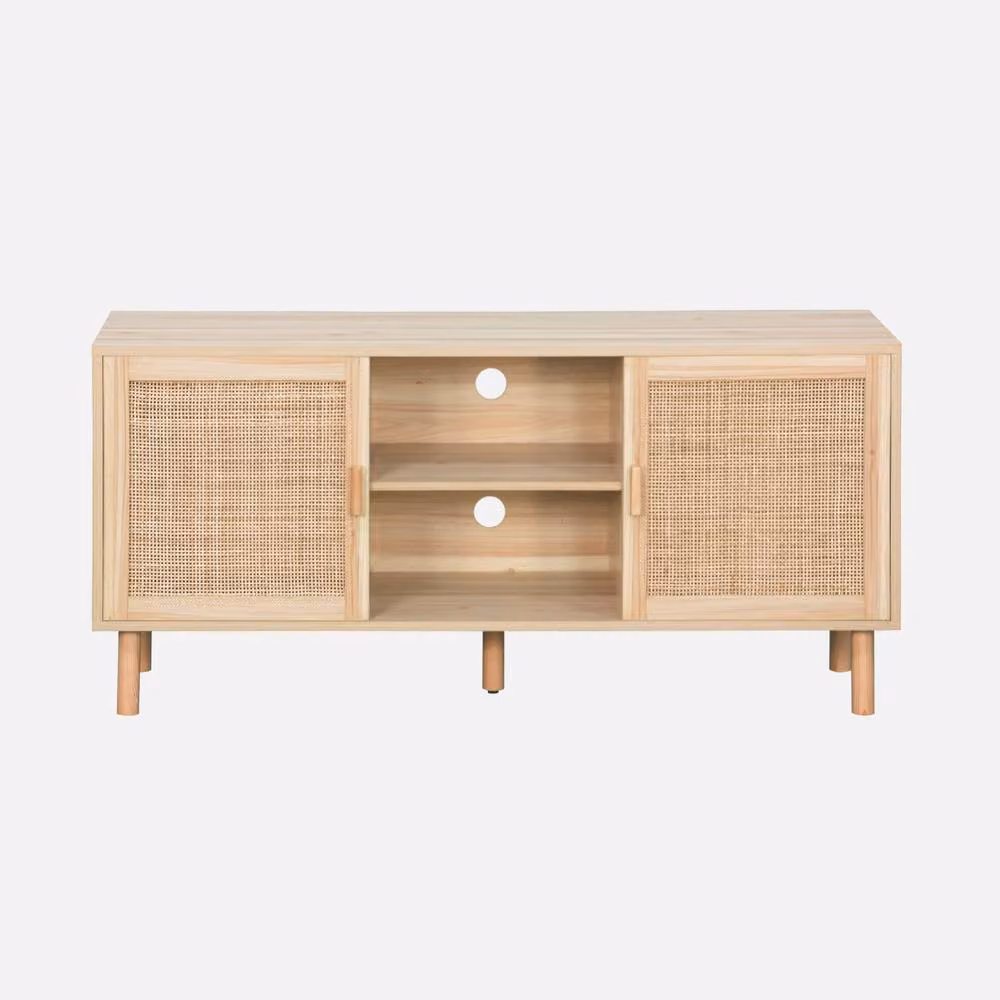 Sweekeet Scandinavian Style TV Unit with 2 Cane Doors in Light Brown, W: 120 cm, H: 57 cm, D: 39 cm – 2