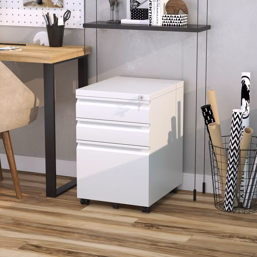 ERGOVEXA 3 Drawer Metal Filing Cabinet in White with Lock and Castors, H: 60 cm, W: 39 cm, D: 40 cm – 2