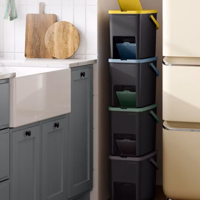 SONGMICS Set of 4 Stackable Pedal Recycling Bins, 20 l Each, Yellow, Blue, Brown and Green