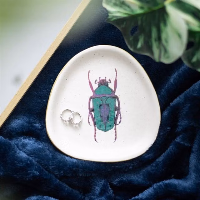 KDMK Round Ceramic Beetle Charm Trinket Dish in White and Gold
