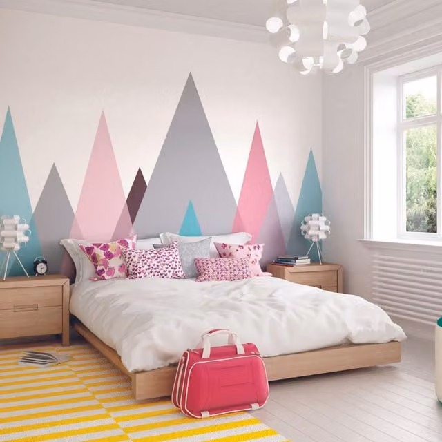 Origin Murals Abstract Mountains Geometric Scandinavian Wall Mural in Blue, White and Multicolour