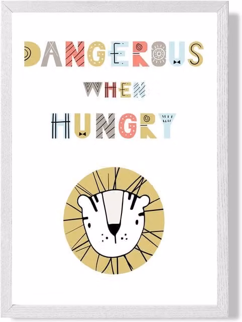 ARTZE Dangerous When Hungry Lion Scandi Quote Framed Print, Pale Blue and White