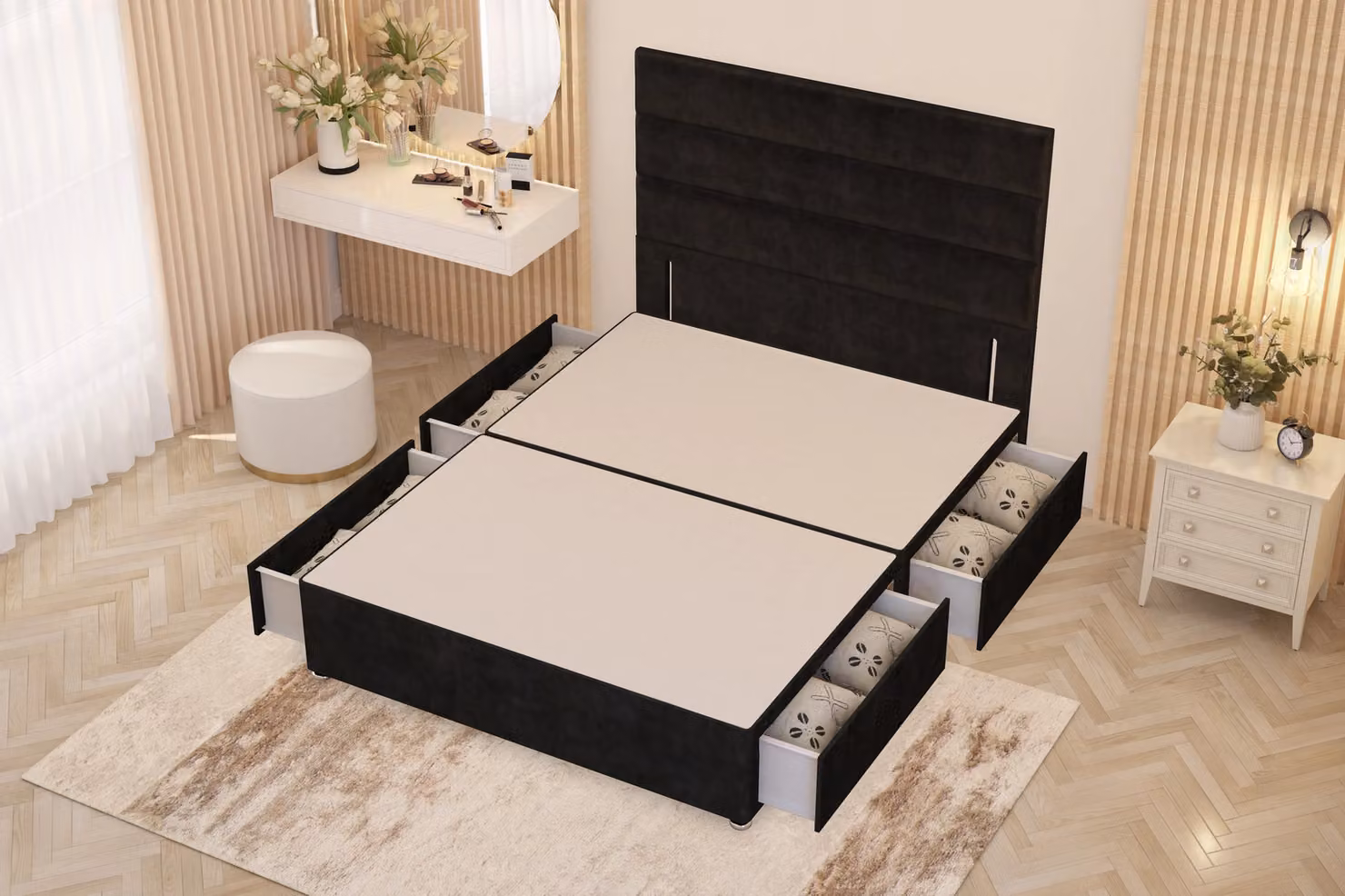 Somnior Chambery Super King Divan Bed Frame with 4 Drawers and Floor Standing Headboard in Black Velvet – 2