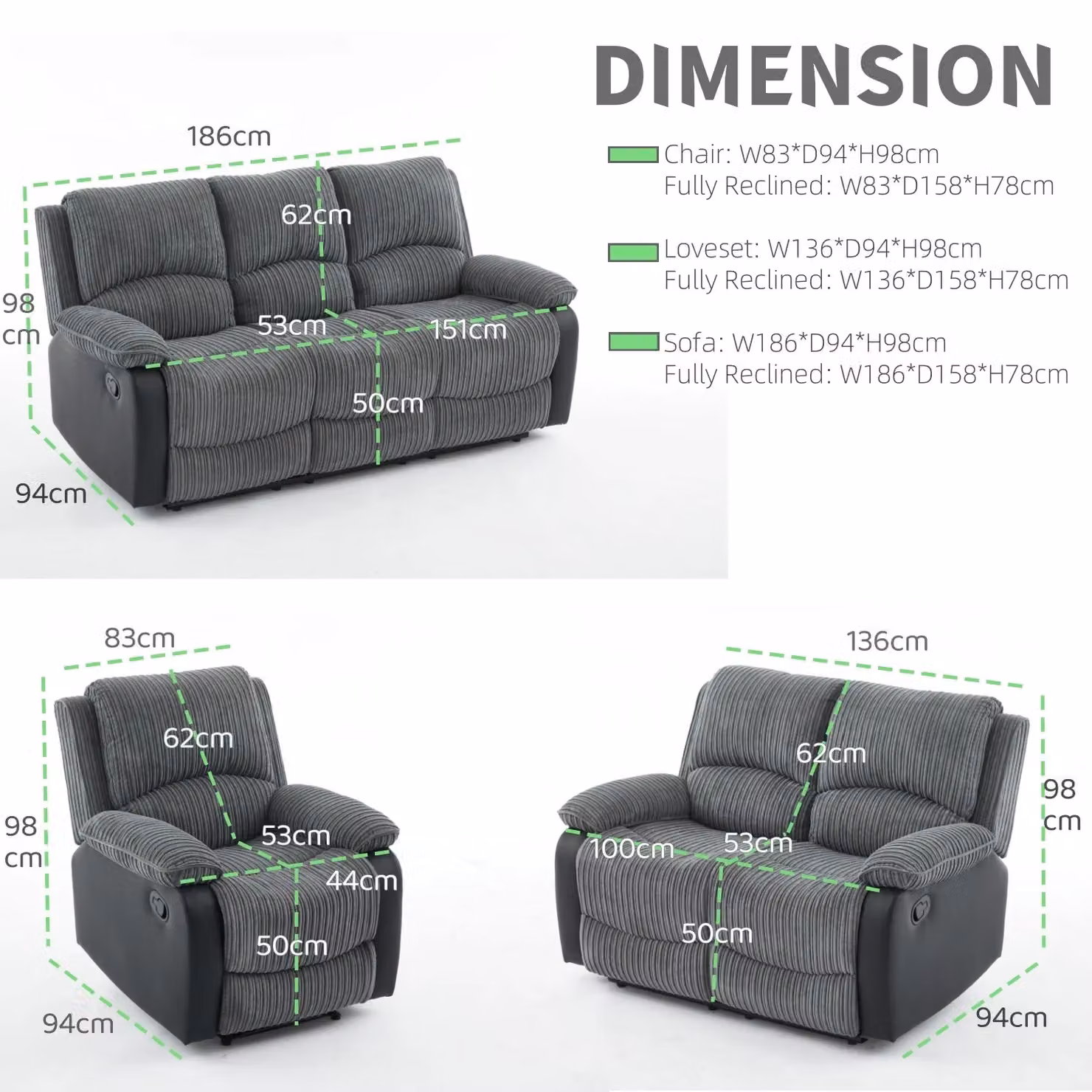 FURNITURE ONE Grey Corduroy Fabric Manual Reclining Sofa Set with 3-Seater, 2-Seater and Armchair – 2