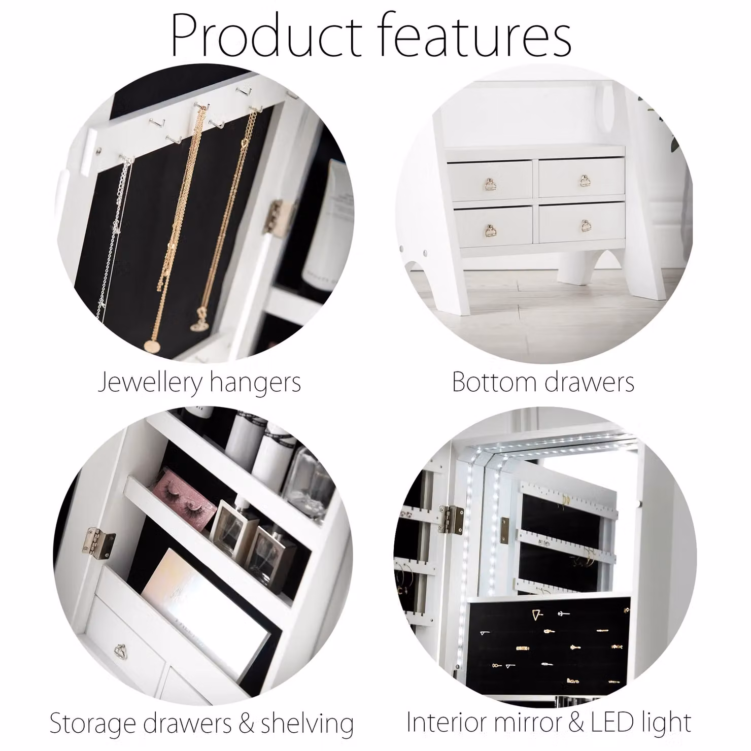 CARME HOME Nikita Free Standing Full Length LED Mirror Jewellery Cabinet in White – 5