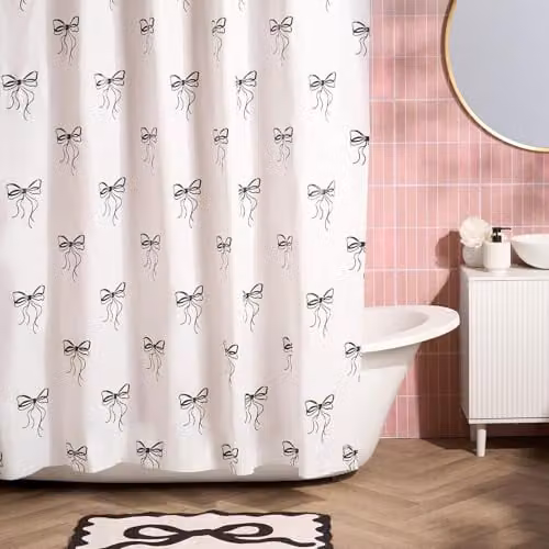 OHS Bow Print Waterproof and Mould Resistant Shower Curtain in Black and White, W/H: 180 x 180 cm – 1