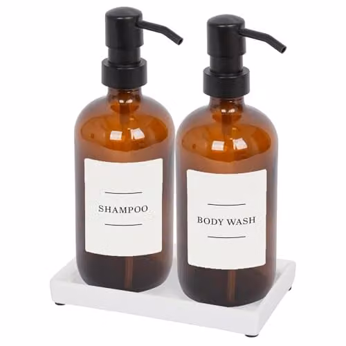 Harbour Housewares 2 Piece Glass Soap Dispenser Set with Ceramic Tray and Labels, 500ml, White in Orange – 1