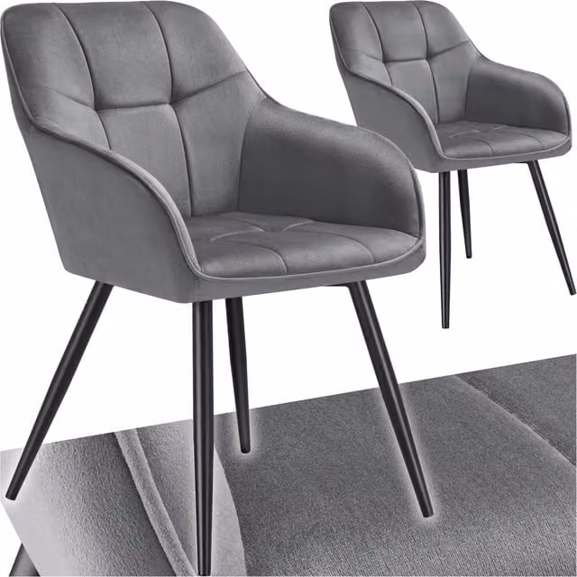 TECTAKE Marilyn Dining Chairs Set of 2, Grey and Black Velvet Fabric with Geometric Quilted Pattern and Metal Legs