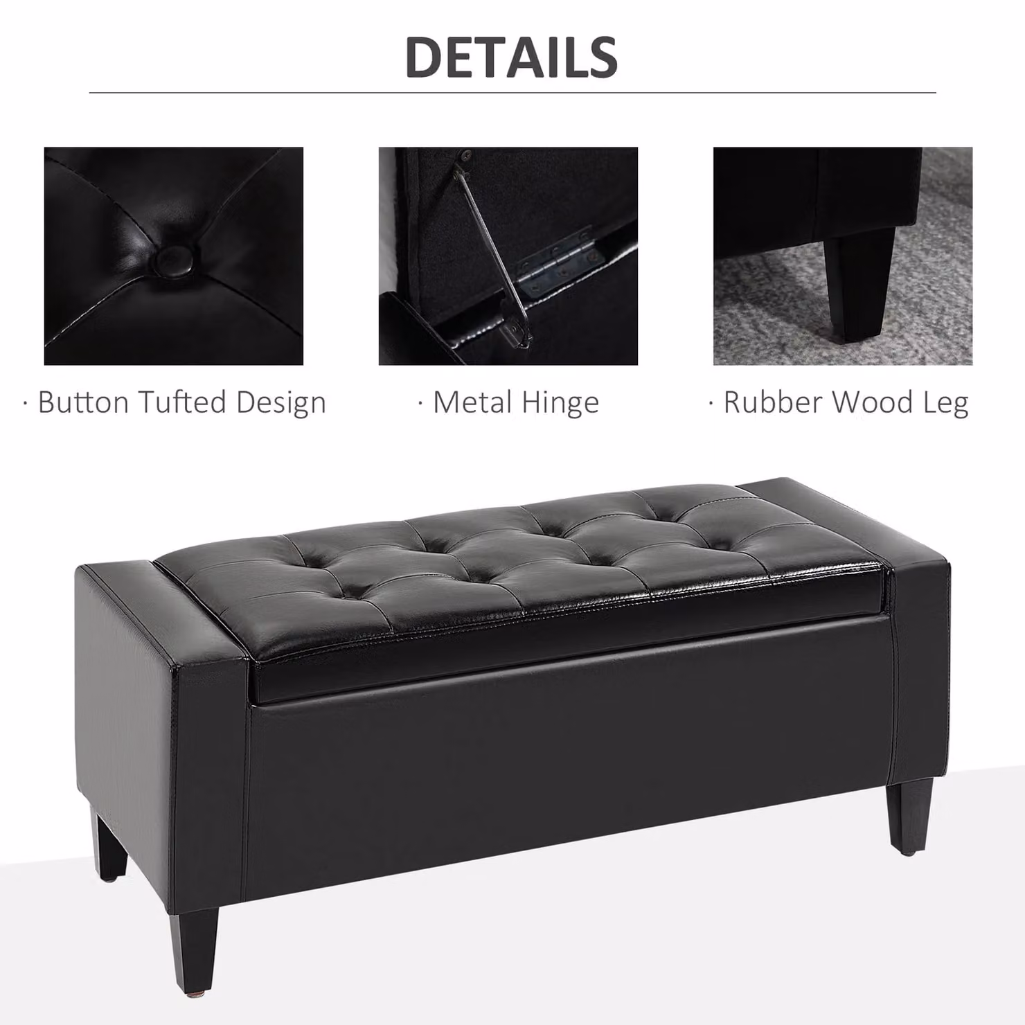 HOMCOM PU Leather Tufted Storage Ottoman Bench in Black, W: 92 cm, D: 40 cm, H: 40 cm – 3