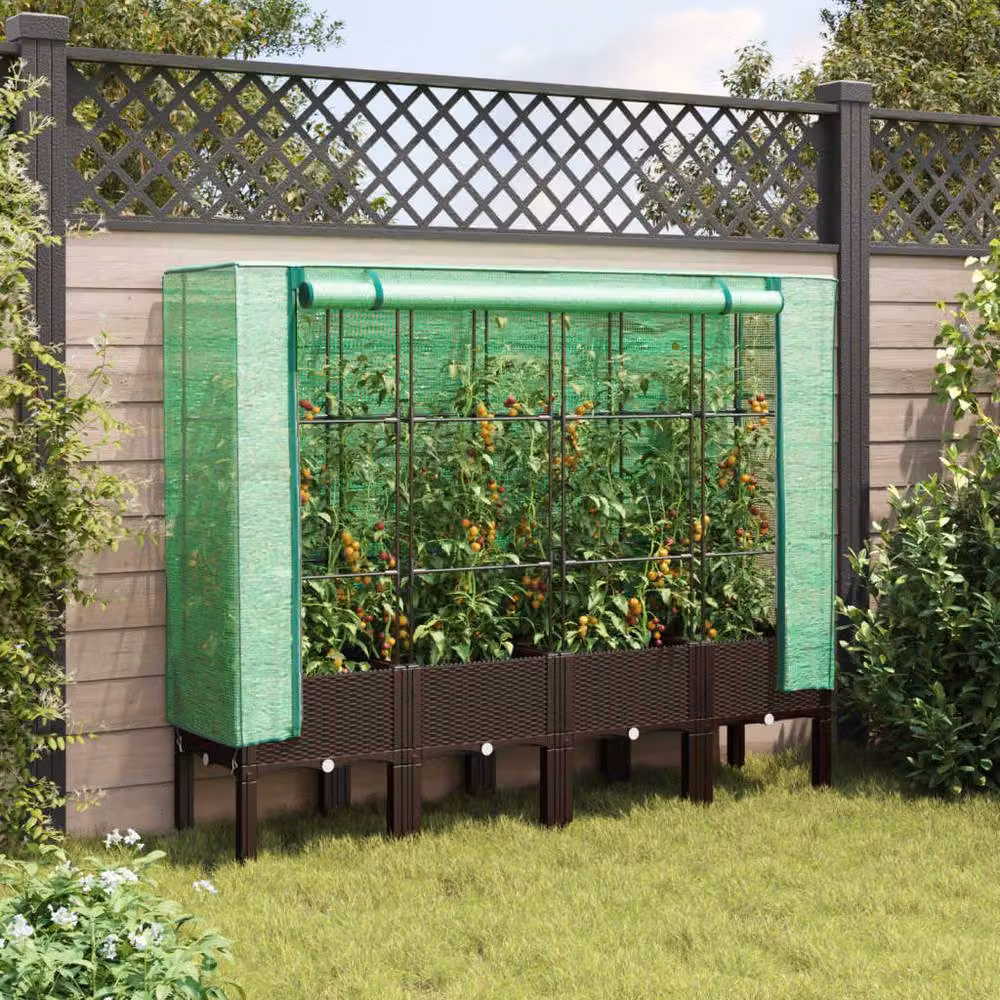 Berkfield Home Raised Bed with Greenhouse Cover in Brown Rattan Look, W/D/H: 160 x 40 x 140 cm – 2