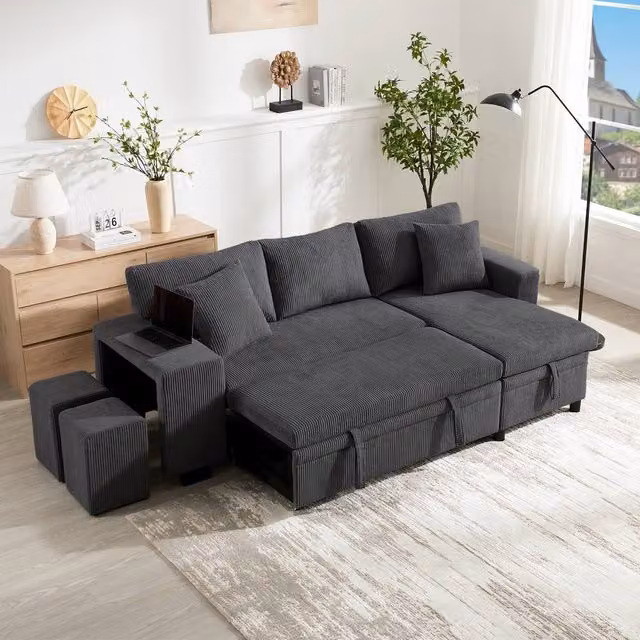 Matteo L-Shaped Reversible Convertible Sofa Bed with Storage and USB Charging in Grey Corduroy Fabric – 1