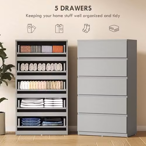 HOMCOM Modern Grey Chest of Drawers with 5 Soft-Close Drawers for Bedroom or Living Room – 3