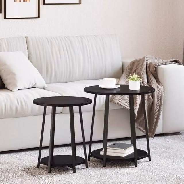 Berkfield Home Set of 2 Round Modern Side Tables in Black Oak and Metal – 1
