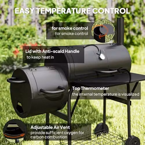 Outsunny Black Steel Offset Charcoal BBQ Grill with Thermometer and Wheels, W/D/H: 120 x 60 x 109 cm – 5