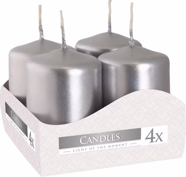 SolaDirect Pack of 4 Small Decorative Pillar Candles, Burgundy and Silver, W: 4 cm, H: 6 cm each