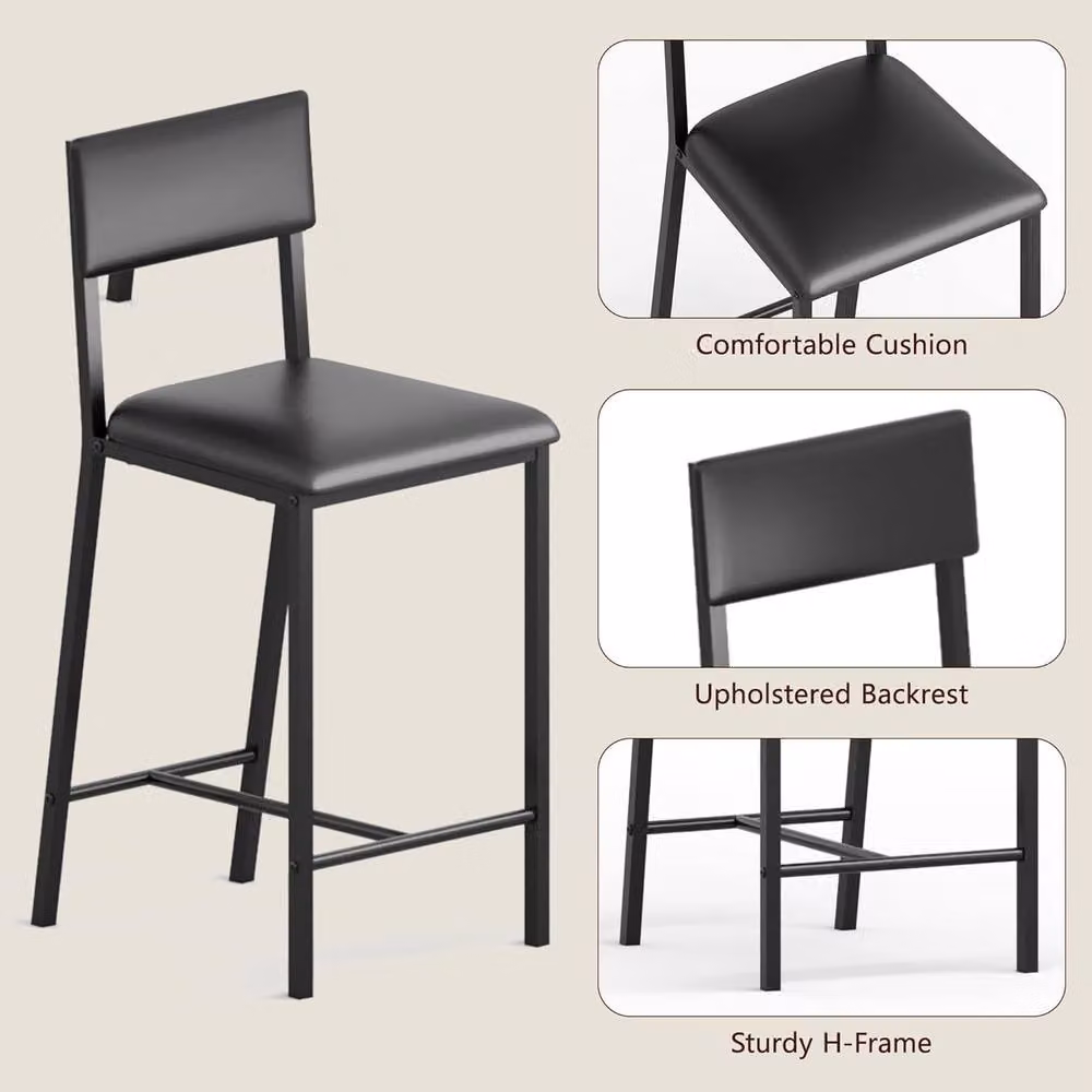London Boutique Set of 4 Black Synthetic Leather Upholstered Bar Stools with Footrest and Backrest – 4