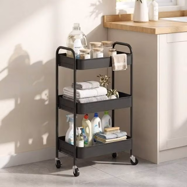 STILVORA Metal Steel Storage Trolley with 3 Baskets in Black, H 79.0 x W 30.6 x D 30.6 cm – 1