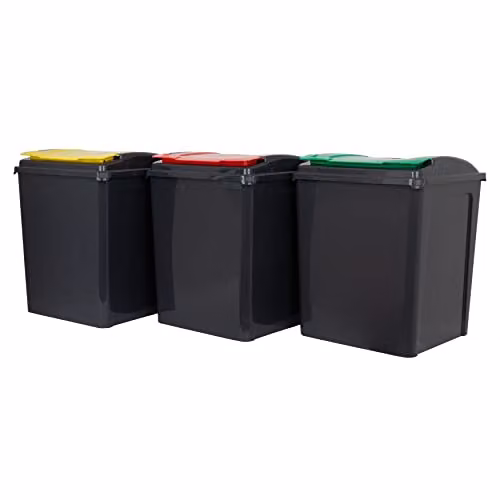 Wham 3 Piece 50L Plastic Recycling Bins with Flip Lids in Grey with Red, Green and Yellow Lids – 1