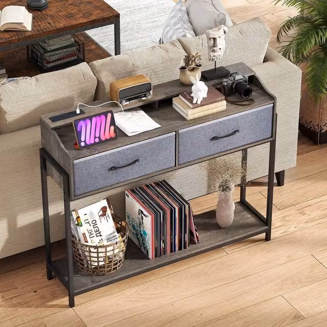 FORGEVIO Industrial Grey Narrow Entryway Console Table with 2 Drawers, W: 130 cm, D: 30 cm, H: 88 cm