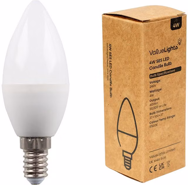 ValueLights 6 Pack E14 White LED Candle Light Bulbs, 4W, 400lm, Cool White 6500K