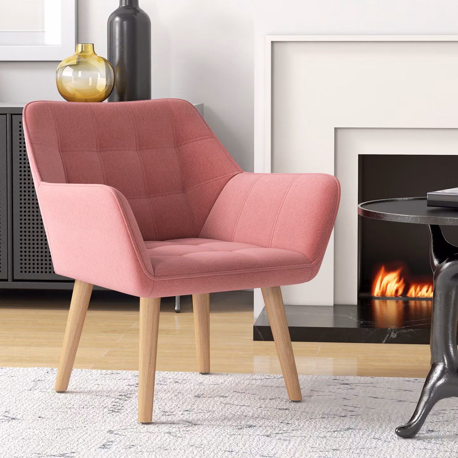 HOMCOM Pink Velvet Accent Armchair with Wide Arms and Rubberwood Legs – 2