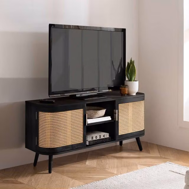 Birlea Sark Modern Rattan TV Entertainment Unit and Small Curved Cabinet in Black