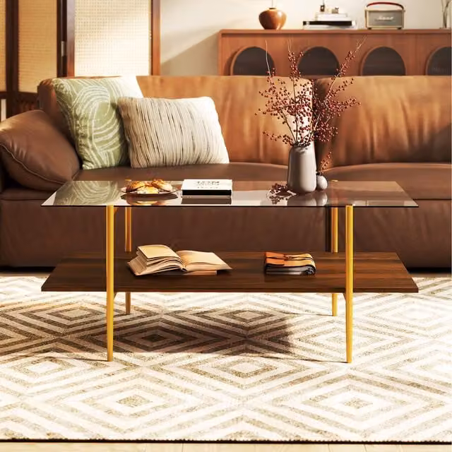 Costway Mid-Century Square Glass Coffee Table in Brown