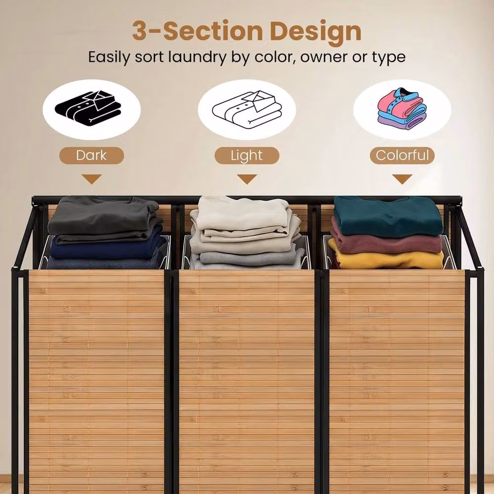 VOGREX 3-Section Bamboo Laundry Hamper with Lid and Wheels in Beige – 5