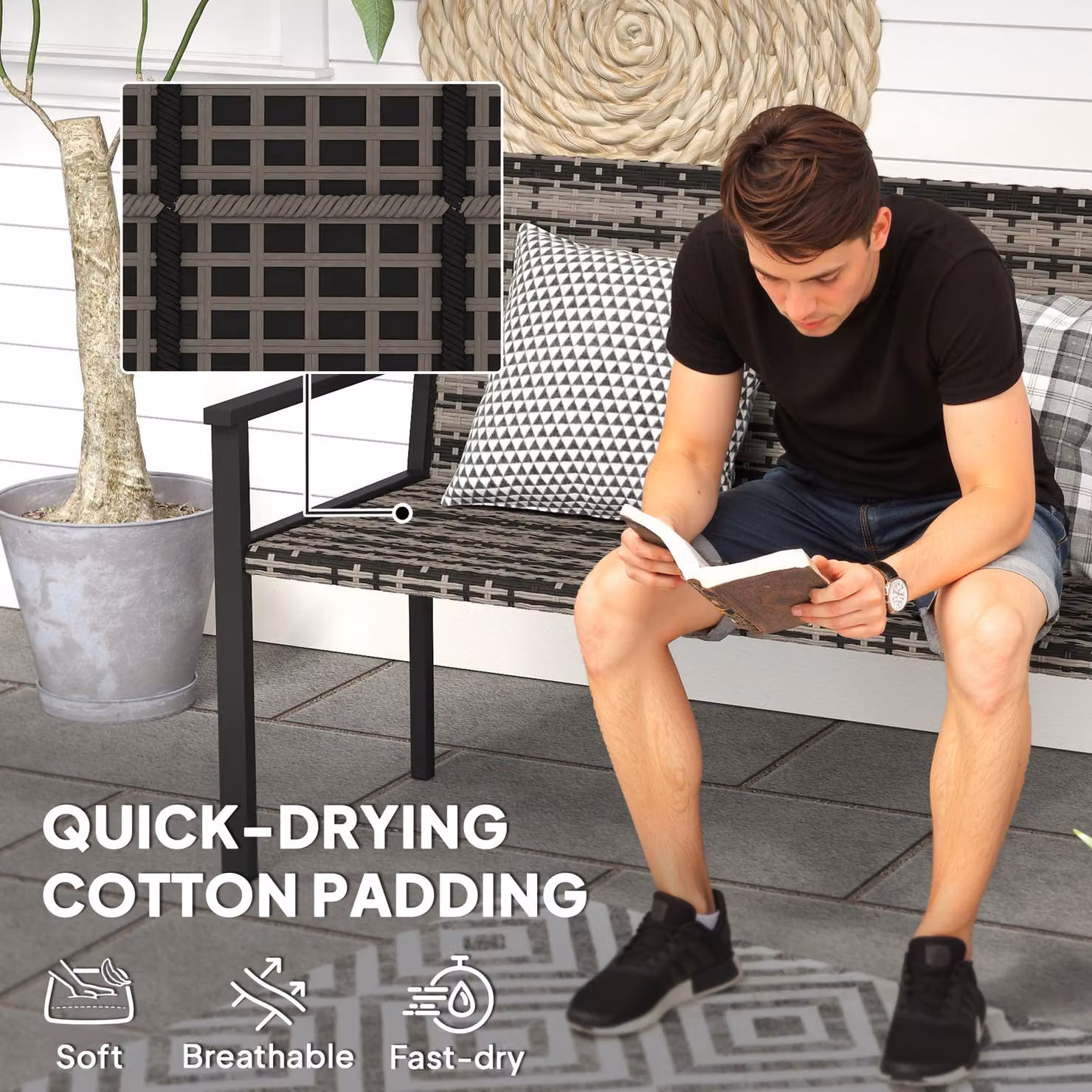 Outsunny 2 Seater Rattan Garden Bench with Armrests and Quick-Drying Cushions, Mixed Grey – 6