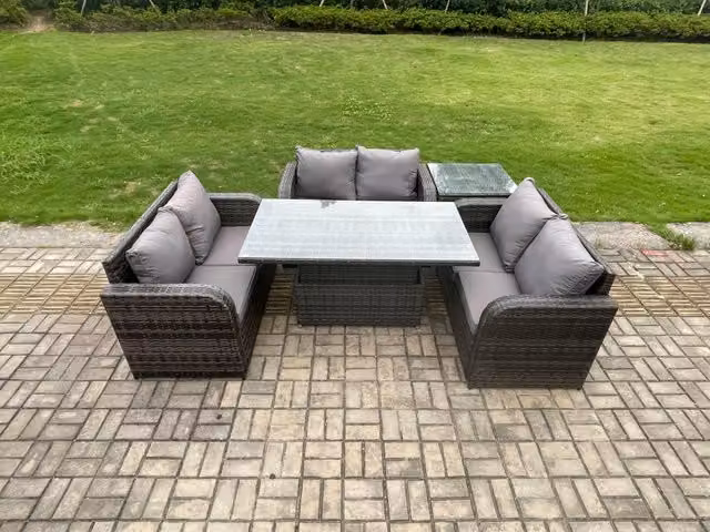 Fimous Outdoor Rattan Garden Dining Set with Height Adjustable Lifting Table and 3 Piece Love Sofa and Side Table in Dark Grey