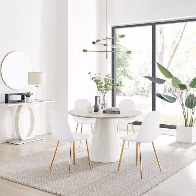 Furniturebox Palma Beige Stone Effect Round Dining Table and 4 Corona Gold Leg Chairs in White